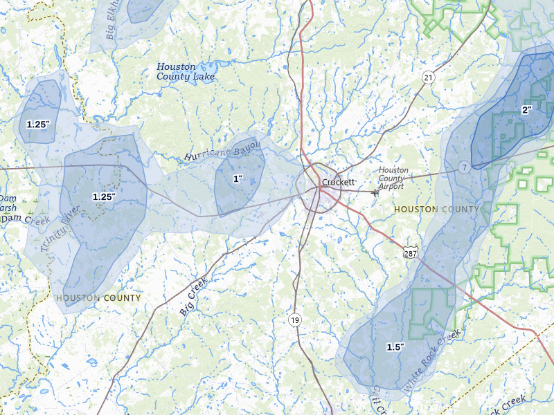 NEXRAD radar-signature map of the hail over Crockett, TX