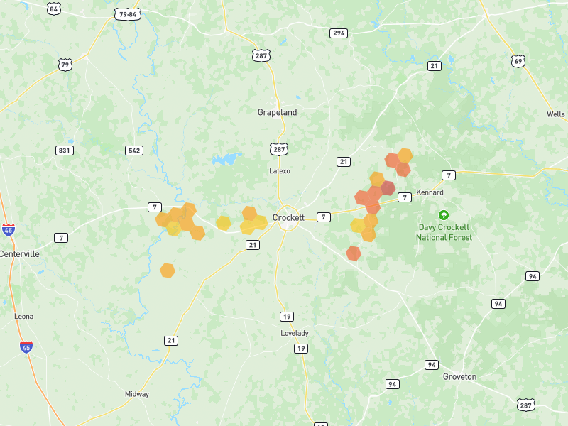 Hail map of Crockett, TX on Jun 2, 2026, hail up to 2"