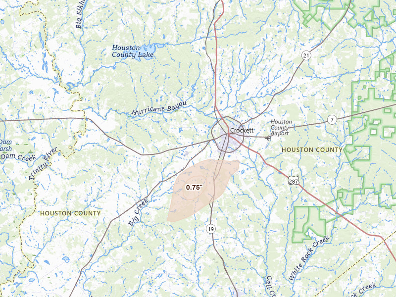 Radar-estimated hail-size map of the storm over Crockett, TX on Jul 6, 2026