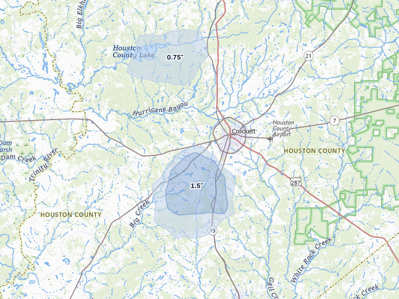 NEXRAD radar-signature map of the hail storm over Crockett, TX on Jul 6, 2026