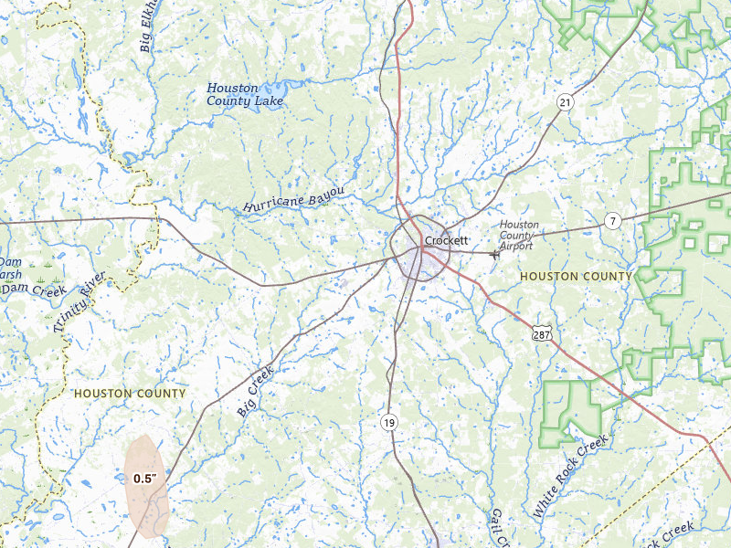 Radar-estimated hail-size map of the storm over Crockett, TX on Jul 16, 2026