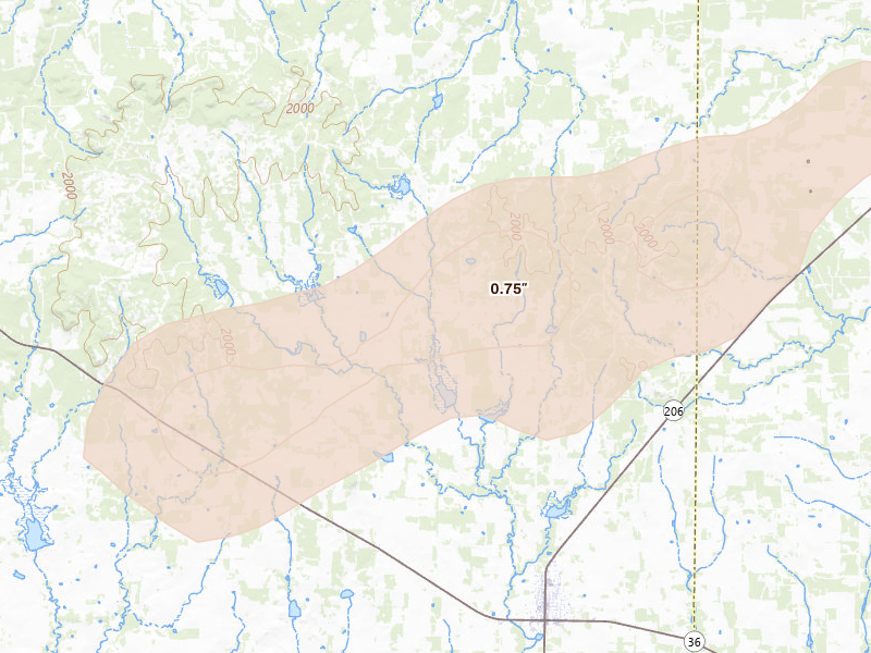 Radar-estimated hail-size map of the storm over Cross Plains, TX on Apr 18, 2026