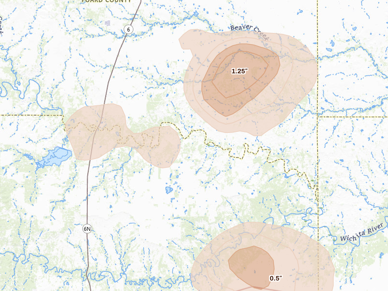 Radar-estimated hail-size map of the storm over Crowell, TX on Mar 31, 2026