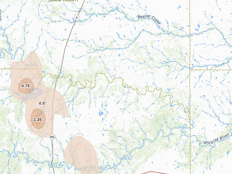 Radar-estimated hail-size map of the storm over Crowell, TX on May 27, 2026