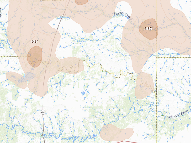 Radar-estimated hail-size map of the storm over Crowell, TX on Jun 23, 2026