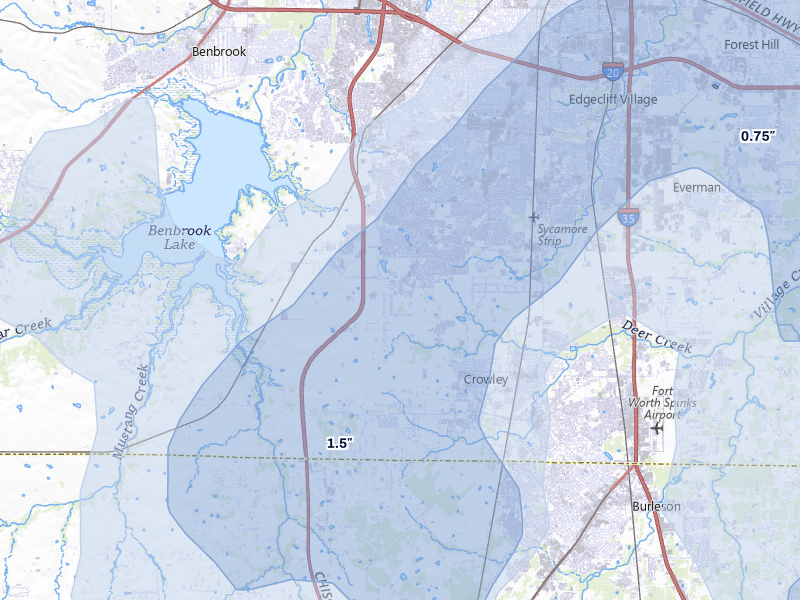 NEXRAD radar-signature map of the hail storm over Crowley, TX on Mar 4, 2026