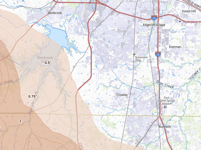 Radar-estimated hail-size map of the storm over Crowley, TX on Apr 28, 2026