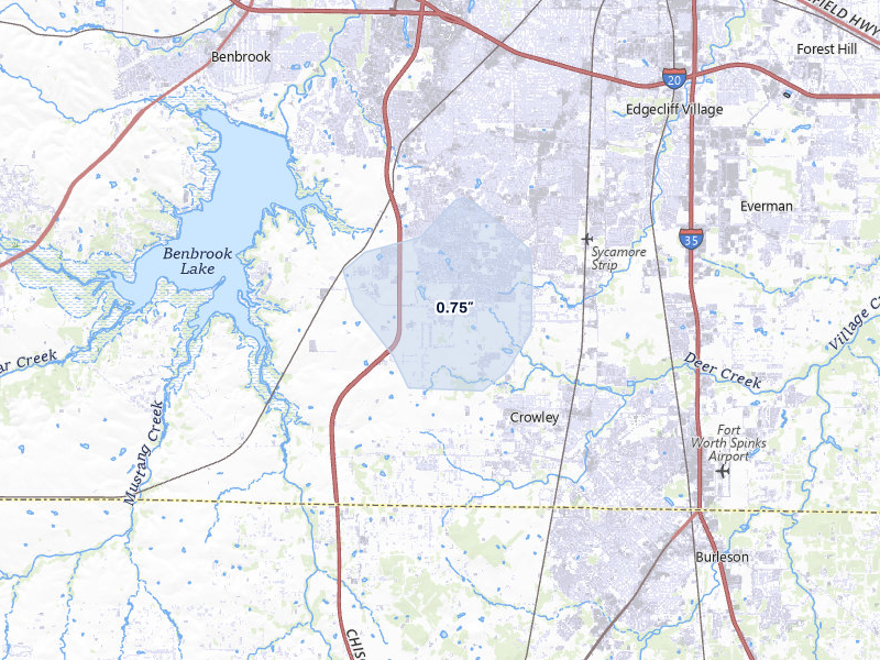 NEXRAD radar-signature map of the hail storm over Crowley, TX on May 8, 2026