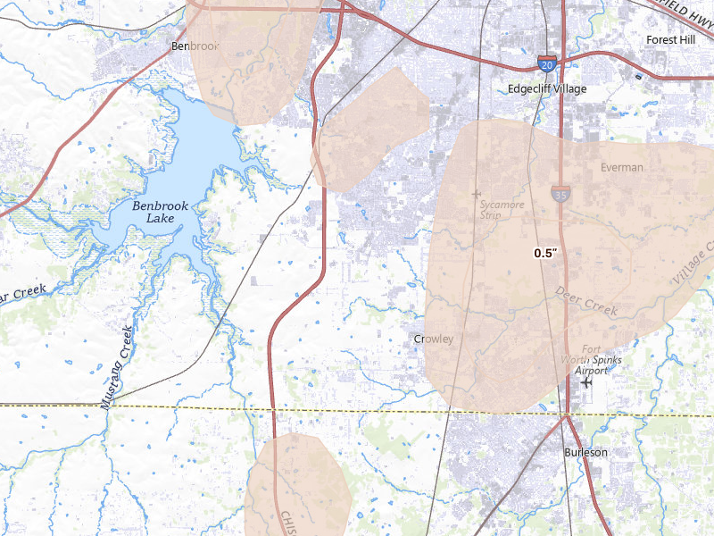 Radar-estimated hail-size map of the storm over Crowley, TX on May 19, 2026