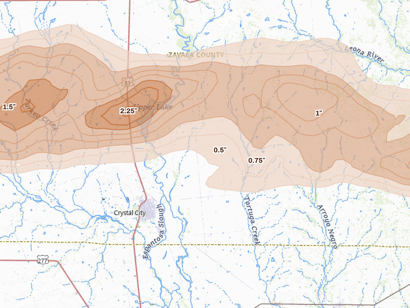 Radar-estimated hail-size map of the storm over Crystal City, TX on Apr 30, 2026