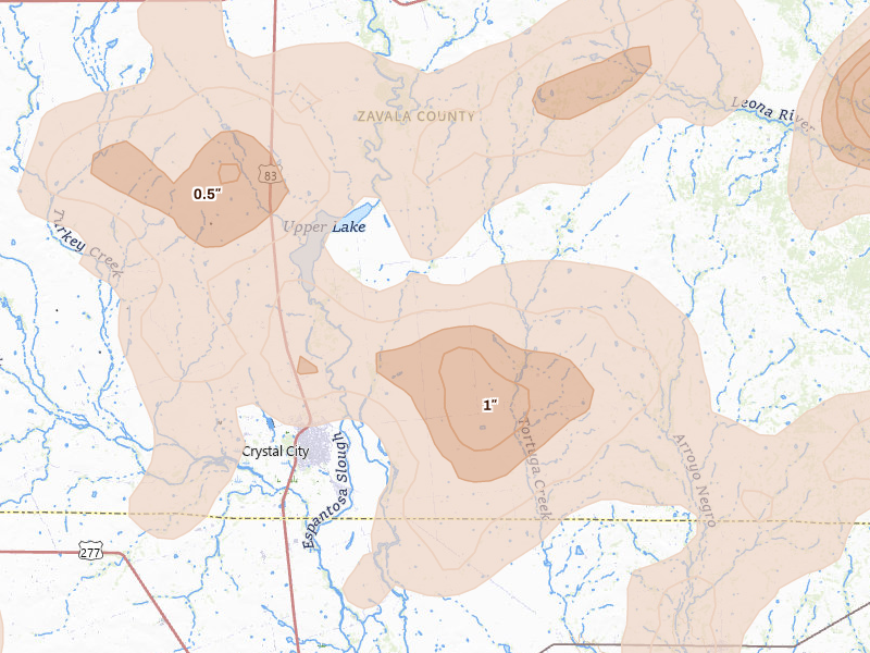 Radar-estimated hail-size map of the storm over Crystal City, TX on May 26, 2026