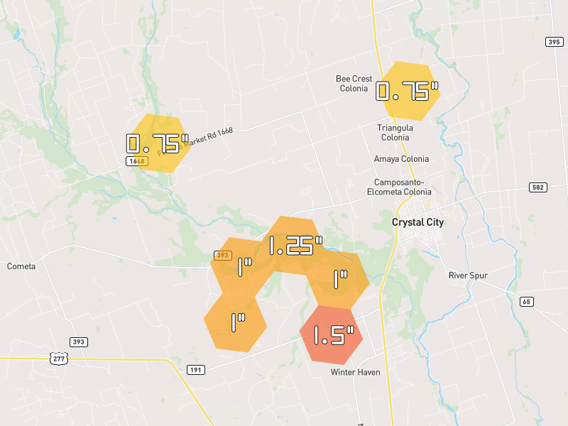 Hail map of Crystal City, TX on Jul 8, 2026, hail up to 1.5"