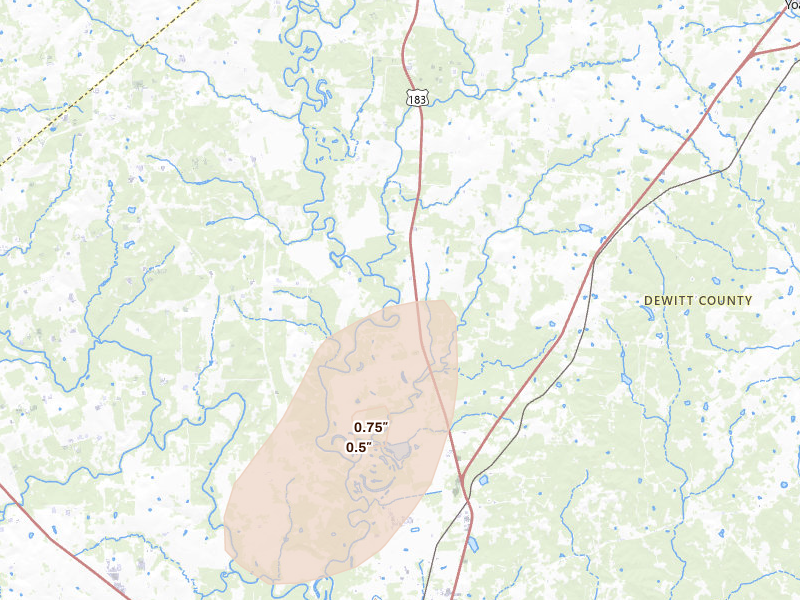 Radar-estimated hail-size map of the storm over Cuero, TX on May 22, 2026