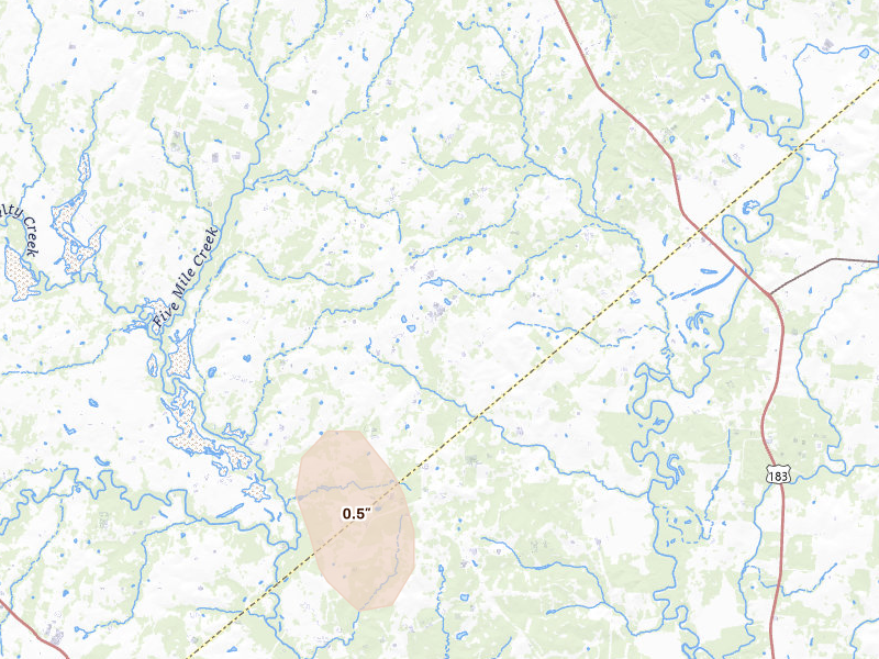 Radar-estimated hail-size map of the storm over Cuero, TX on Aug 1, 2026