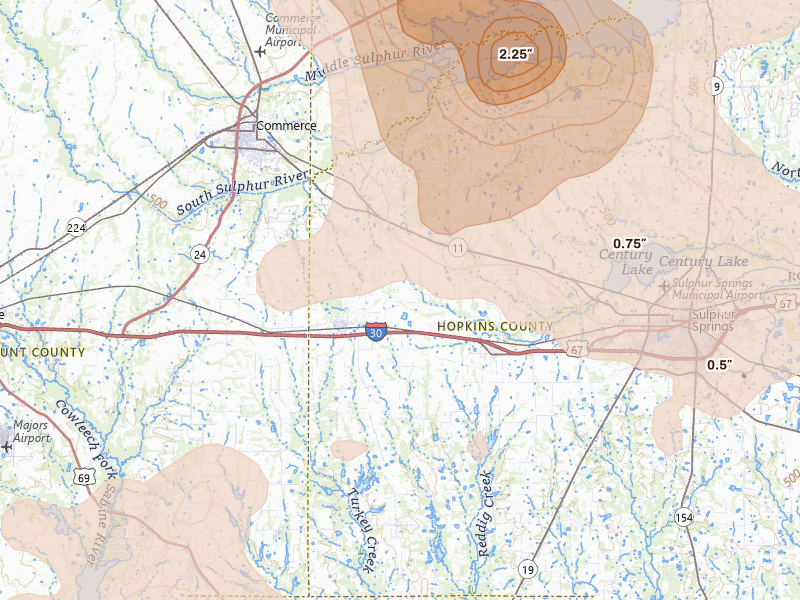 Radar-estimated hail-size map of the storm over Cumby, TX on Apr 24, 2026