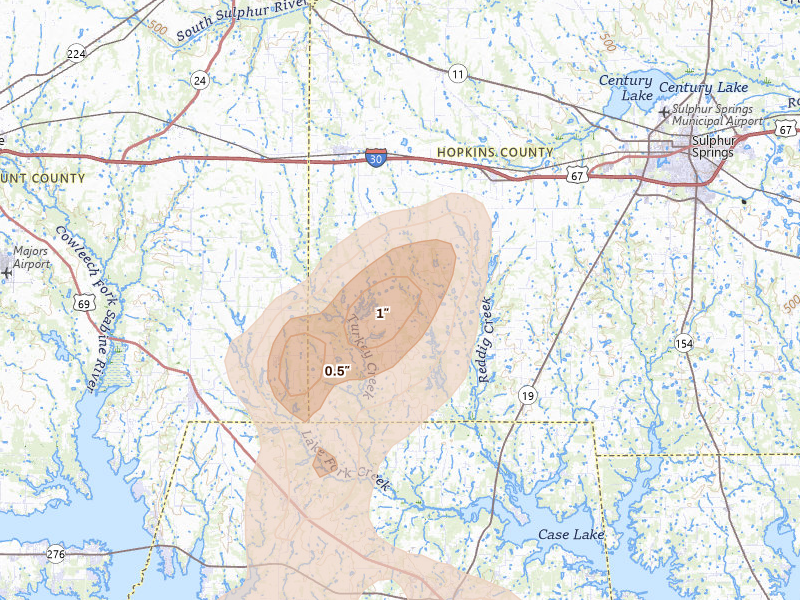Radar-estimated hail-size map of the storm over Cumby, TX on Jun 2, 2026