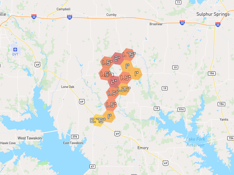 Hail map of Cumby, TX on Jun 2, 2026, hail up to 2"