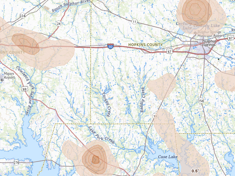 Radar-estimated hail-size map of the storm over Cumby, TX on Jul 6, 2026