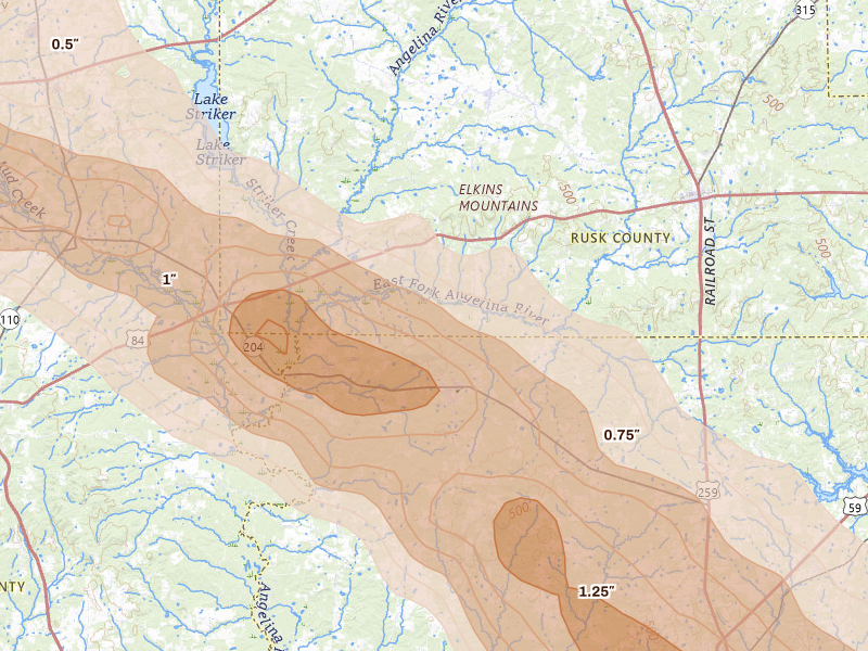 Radar-estimated hail-size map of the storm over Cushing, TX on Mar 15, 2026