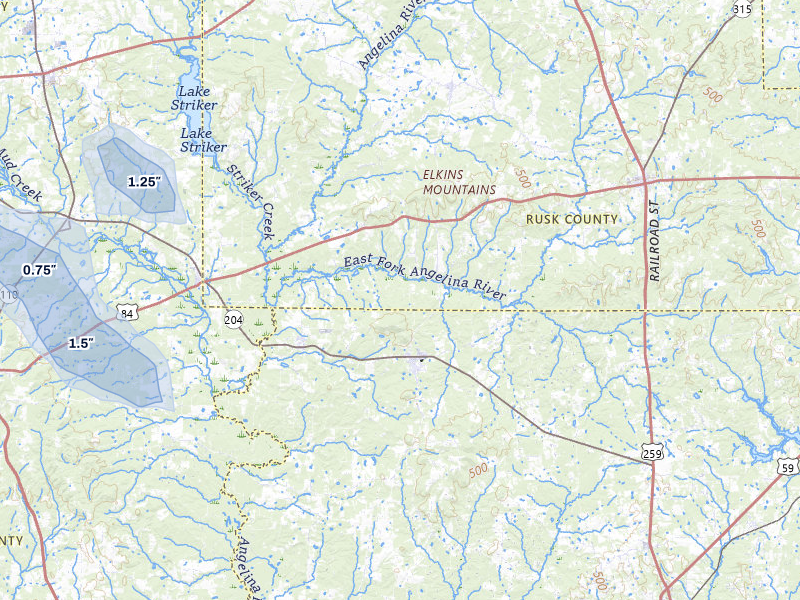 NEXRAD radar-signature map of the hail storm over Cushing, TX on Apr 29, 2026