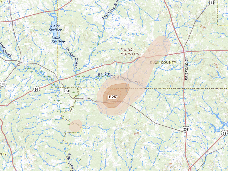 Radar-estimated hail-size map of the storm over Cushing, TX on Jul 6, 2026
