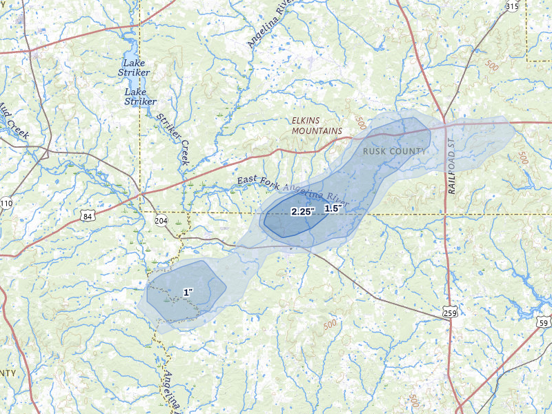 NEXRAD radar-signature map of the hail storm over Cushing, TX on Jul 6, 2026