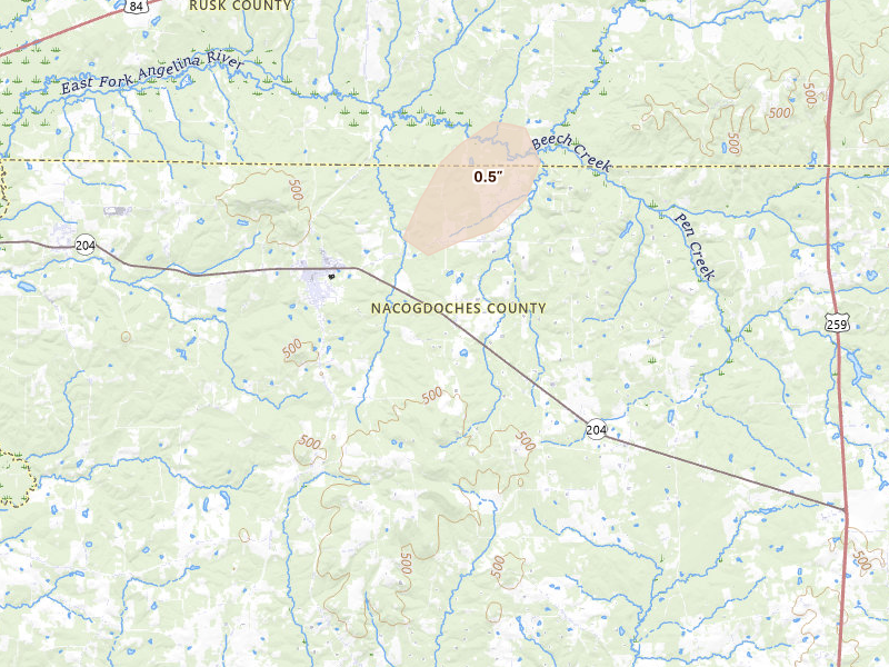 Radar-estimated hail-size map of the storm over Cushing, TX on Aug 8, 2026