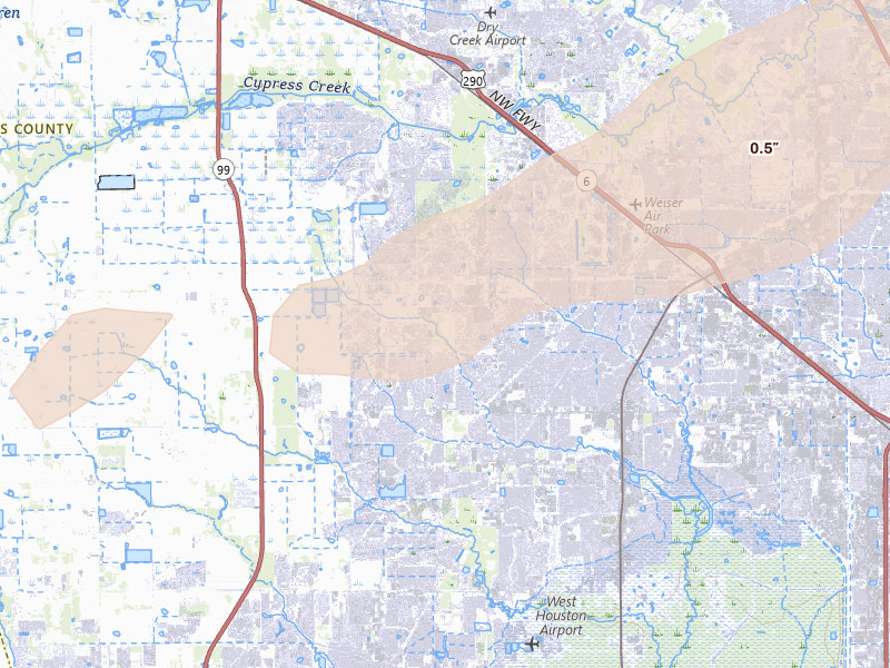 Radar-estimated hail-size map of the storm over Cypress, TX on Apr 12, 2026