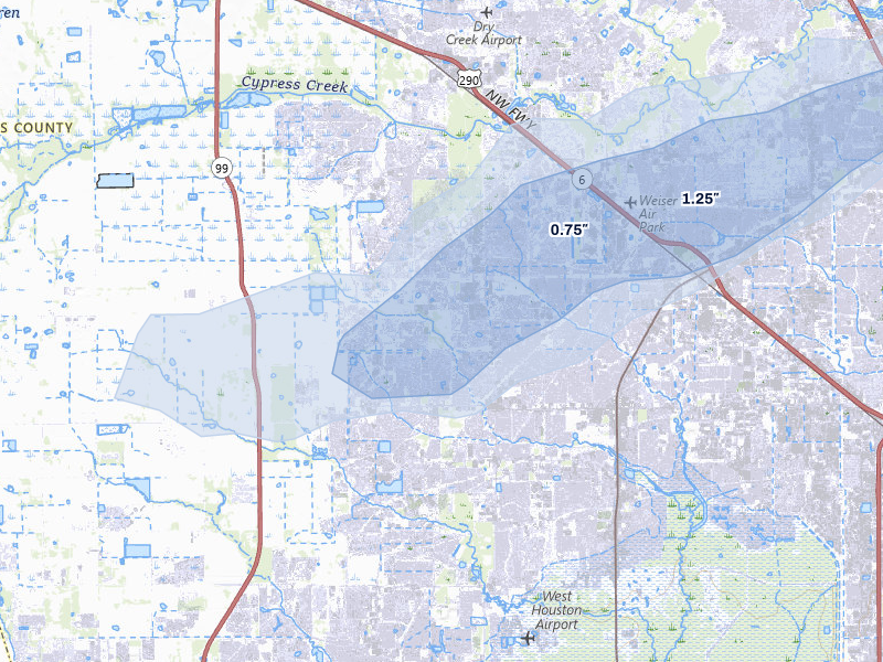 NEXRAD radar-signature map of the hail over Cypress, TX