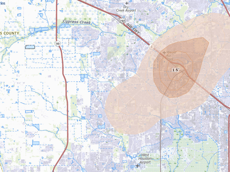 Radar-estimated hail-size map of the storm over Cypress, TX on Jun 2, 2026