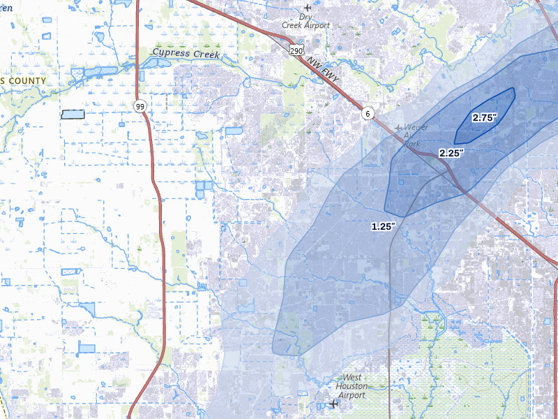 NEXRAD radar-signature map of the hail over Cypress, TX