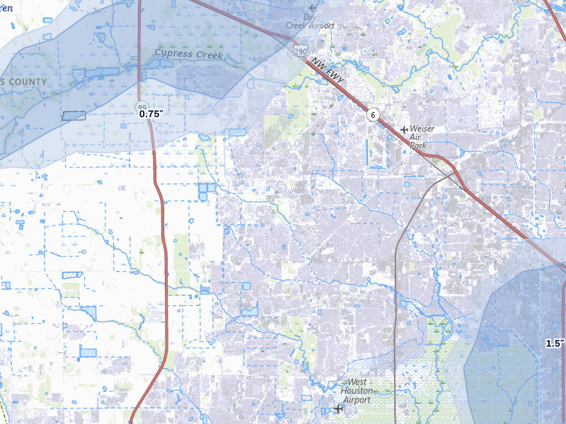 NEXRAD radar-signature map of the hail storm over Cypress, TX on Jul 6, 2026