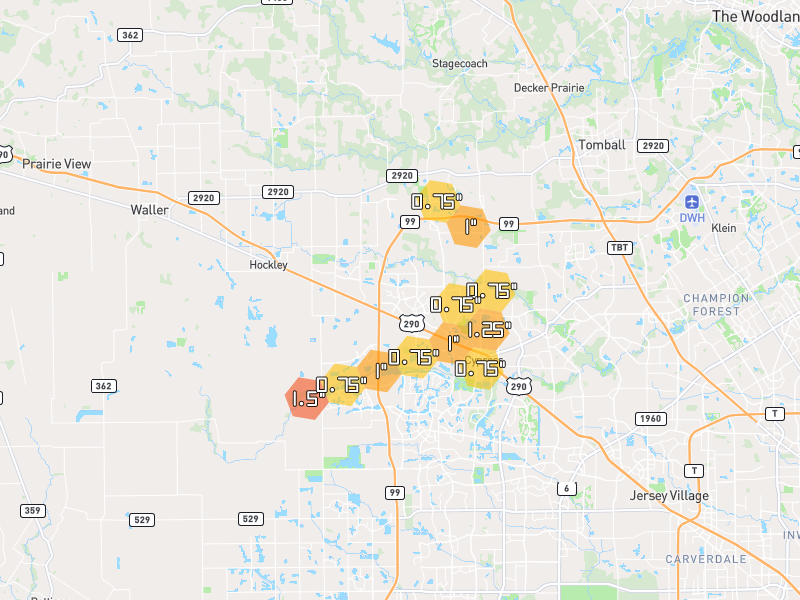 Hail map of Cypress, TX on Jul 6, 2026, hail up to 1.5"