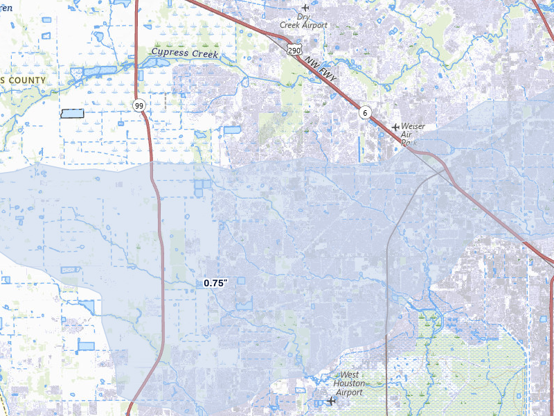 NEXRAD radar-signature map of the hail storm over Cypress, TX on Jul 23, 2026