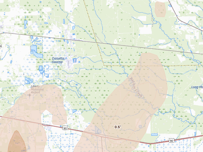 Radar-estimated hail-size map of the storm over Daisetta, TX on Jul 22, 2026