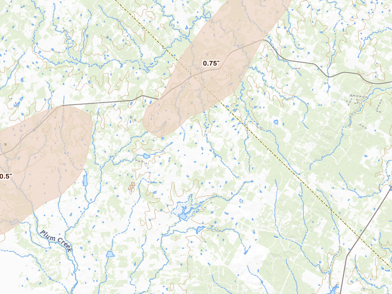 Radar-estimated hail-size map of the storm over Dale, TX on Mar 7, 2026