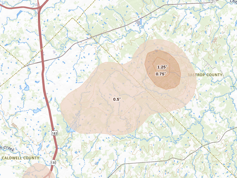 Radar-estimated hail-size map of the storm over Dale, TX on Aug 28, 2026