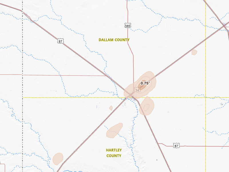 Radar-estimated hail-size map of the storm over Dalhart, TX on Apr 10, 2026