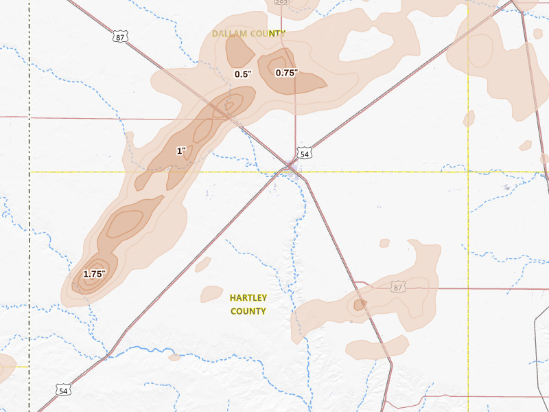 Radar-estimated hail-size map of the storm over Dalhart, TX on May 21, 2026