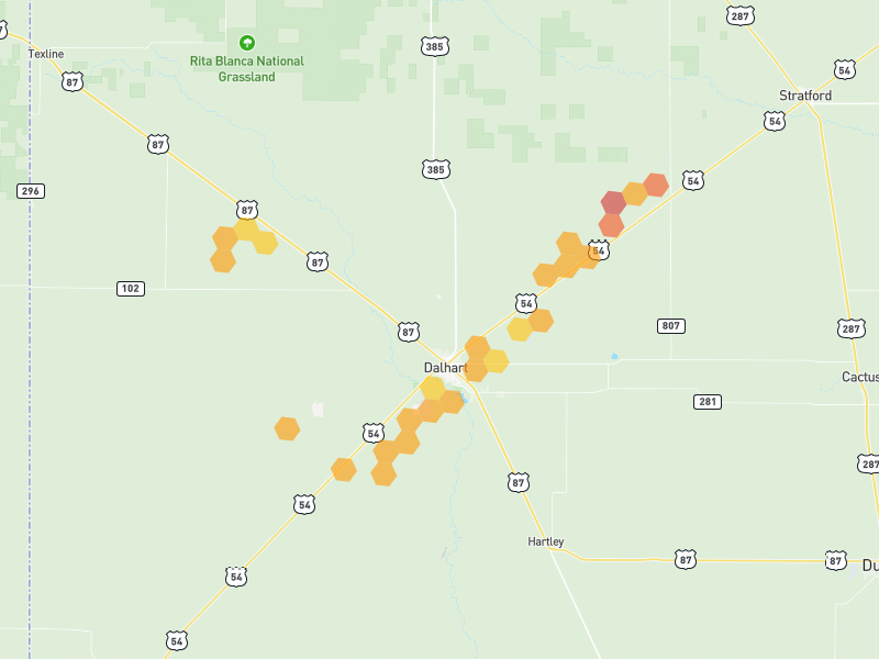 Hail map of Dalhart, TX on Jun 2, 2026, hail up to 2"