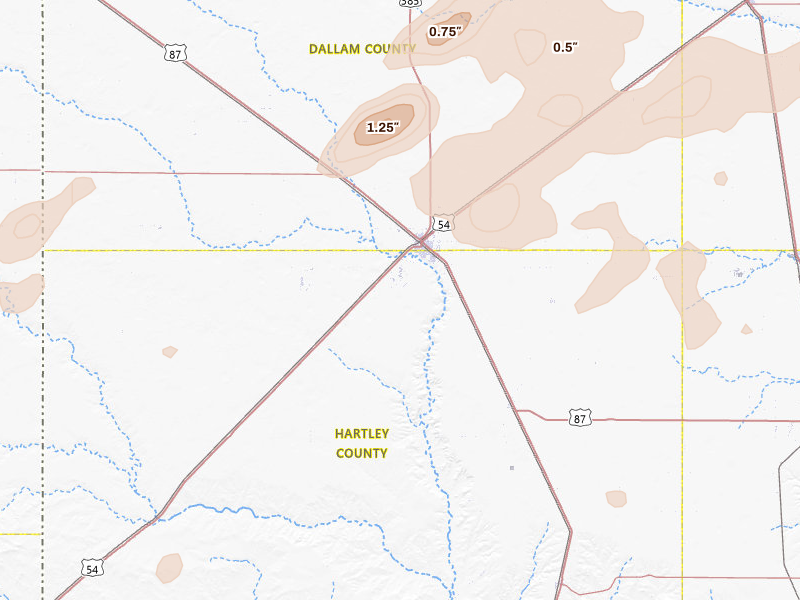 Radar-estimated hail-size map of the storm over Dalhart, TX on Jun 12, 2026