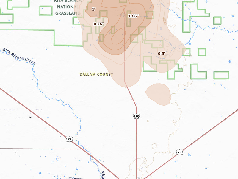 Radar-estimated hail-size map of the storm over Dalhart, TX on Aug 6, 2026