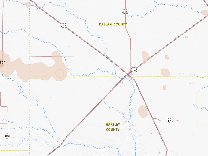 Radar-estimated hail-size map of the storm over Dalhart, TX on Aug 16, 2026