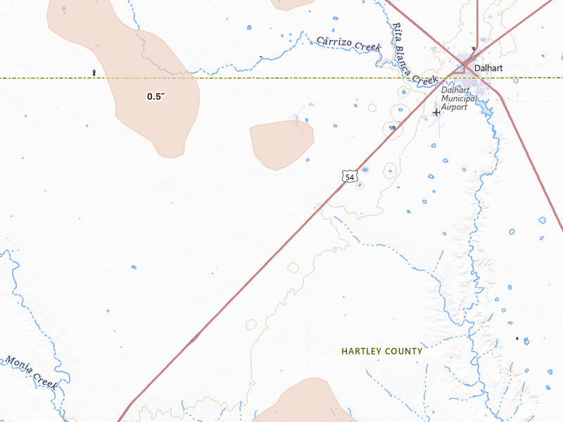 Radar-estimated hail-size map of the storm over Dalhart, TX on Aug 25, 2026