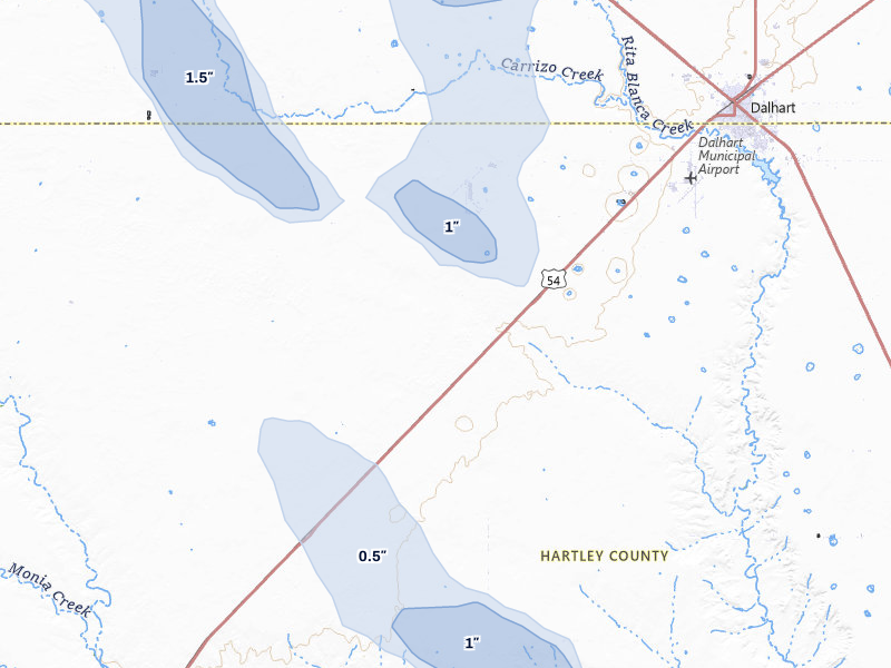 NEXRAD radar-signature map of the hail storm over Dalhart, TX on Aug 25, 2026