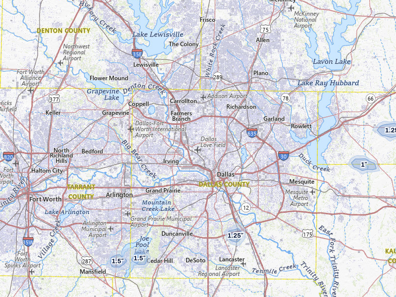 NEXRAD radar-signature map of the hail storm over Dallas, TX on Mar 3, 2026