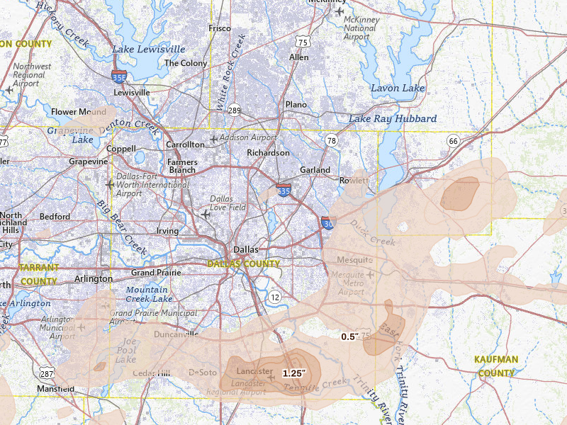 Radar-estimated hail-size map of the storm over Dallas, TX on Mar 4, 2026