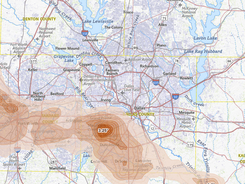 Radar-estimated hail-size map of the storm over Dallas, TX on Apr 25, 2026
