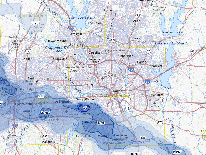 NEXRAD radar-signature map of the hail over Dallas, TX