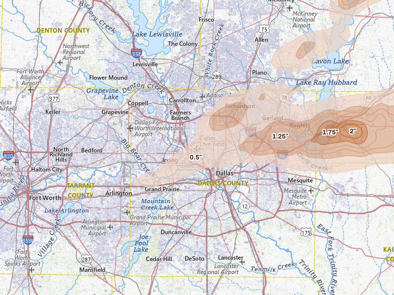 Radar-estimated hail-size map of the storm over Dallas, TX on Apr 27, 2026